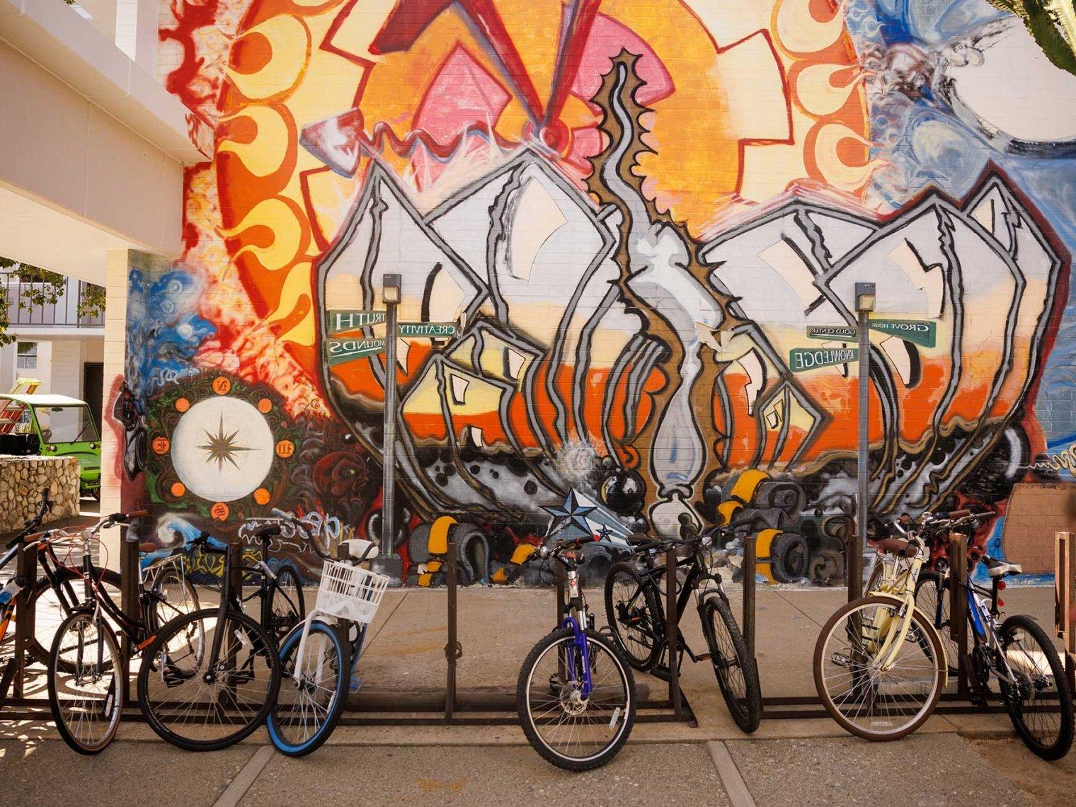 a colorful mural was painted behind the bikestands on Mead Hall